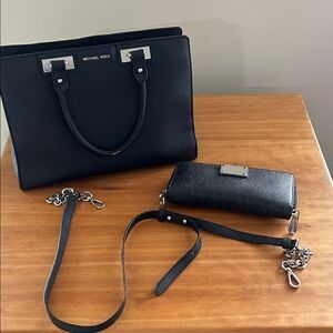Michael Kors Black Leather Satchel with Matching Wallet and Strap